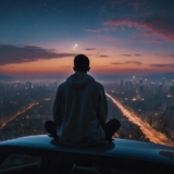 person on top of car looking out on the city from a hill