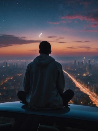 person on top of car looking out on the city from a hill