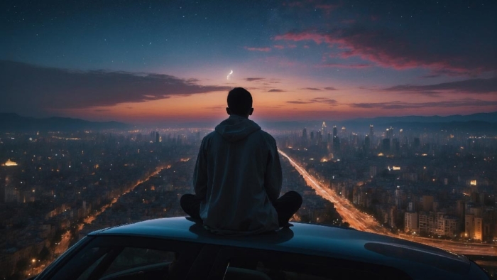 person on top of car looking out on the city from a hill