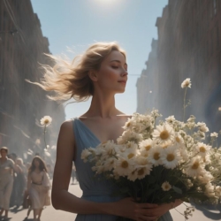 woman in busy city holding flowers