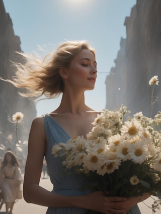 woman in busy city holding flowers