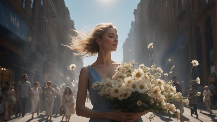 woman in busy city holding flowers