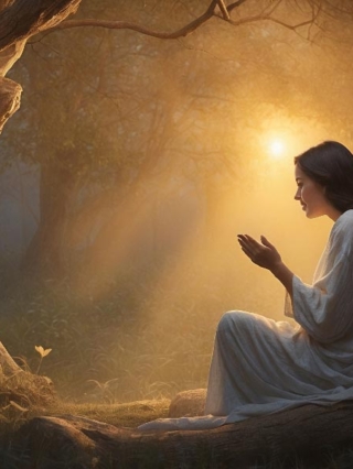 woman sitting by tree in morning light contemplating peace